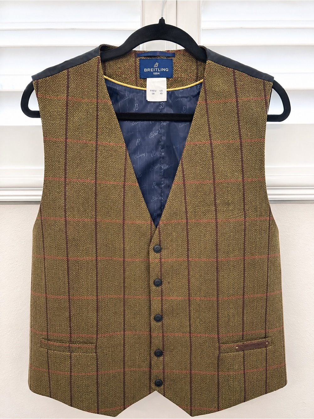 Breitling 1884 Men’s Wool Tweed Herringbone Windowpane Vest Size US 48 EU 58